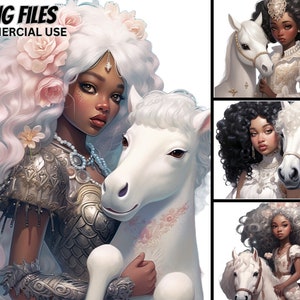 Cute Princess with Horse PNG Bundle, Afro Fashion Black Girl Queen Magic Kids ClipArt Commercial Use African American Tshirt Print Craft Art