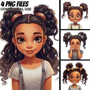 Niedliche kleine schwarze Mädchen Illustration 2, 4 PNG Bundle, lockiges Haar, Zöpfe, Magie ClipArt, Prinzessin, kommerzielle Nutzung, Afro Kinder Drucke Tshirt