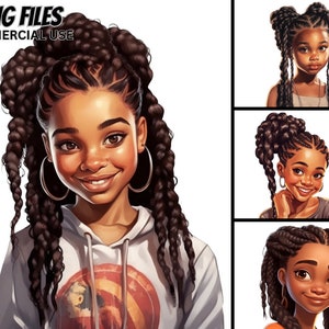 Cute Little Black Girls Illustration V.13, 4 PNG Bundle, Braids, Pigtails, Magic ClipArt Princess, Commercial Use Afro Kids Prints Tshirt