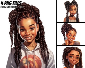 Cute Little Black Girls Illustration V.13, 4 PNG Bundle, Braids, Pigtails, Magic ClipArt Princess, Commercial Use Afro Kids Prints Tshirt