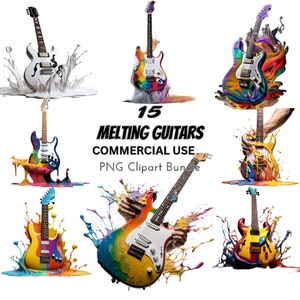 Smeltende elektrische gitaar clipart bundelpakket, PNG illustratie digitale download afdrukbare commercieel gebruik kinderen papier ambachten kaart maken verf