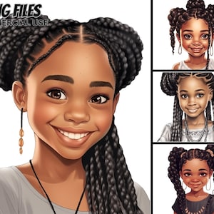 Niedliche kleine schwarze Mädchen Illustration V.5, 4 PNG Bundle, Zöpfe, Zöpfe, Magic ClipArt Prinzessin, kommerzielle Nutzung Afro Kinder Drucke Tshirt