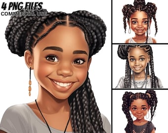Cute Little Black Girls Illustration V.5, 4 PNG Bundle, Braids, Pigtails, Magic ClipArt Princess, Commercial Use Afro Kids Prints Tshirt