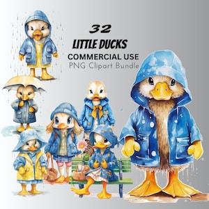 Cute Little Ducks - Ducklings in Rain Coats Digital Design Bundle, Water color Printable Art Prints Commercial Use Illustration Clip Art PNG