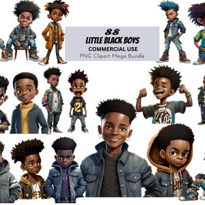 Süßer kleiner schwarzer Junge Illustration Mega Bundle V.1, 88 PNG, Dreadlocks Locs Haar, Cooler Prinz Magie ClipArt stört Afro, Kinder Drucke Tshirt
