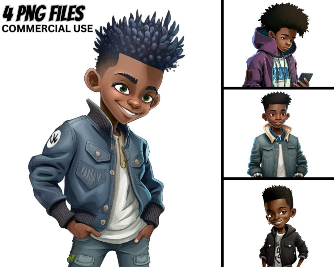Little Black Boy Illustration, Urban Afro Kids Clipart (PNG Bundle