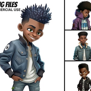 Cute Little Black Boy Illustration V.14, PNG Bundle, Hoody, Hat Dreadlocks, Cool Prince Magic ClipArt Bothers Afro Kids Urban Prints Tshirt
