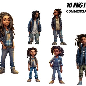 Niedlicher kleiner schwarzer Junge Illustration V.8, 10 PNG Bundle, Hoody Dreadlocks Loc, Cooler Prinz Magic ClipArt stört Afro Kids Urban Prints Tshirt
