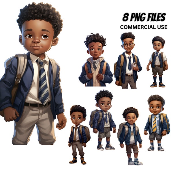 Cute Little Black Boy Illustration V.18, 8 PNG Bundle, School Boy, Backpack, Cool Prince Magic ClipArt Bothers Afro Kids Prints Tshirt Craft