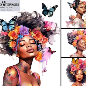 Butterfly girls Watercolor PNG Bundle, Princess Magic ClipArt, Uso comercial, Afro-americano, Mulher bonita, Rainha, Camiseta, Sublimação