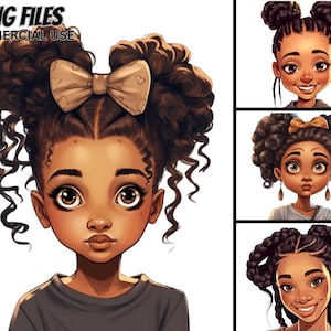 Op de afbeelding: Vier digitale illustraties van zwarte meisjes met verschillende kapsels. Elk meisje heeft bruine ogen, een bruine huid en draagt een casual outfit. Het eerste meisje heeft krullend haar met twee bruine strikken. Het tweede meisje heeft vlechten met twee bruine strikken. Het derde meisje heeft krullend haar met een bruine strik. Het vierde meisje heeft vlechten met een bruine strik.