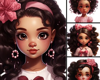 Latina Girl Clipart, Pink Illustration Bundle (PNG Digital Download)