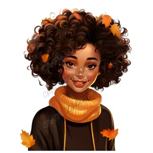 May include: A digital illustration of a young woman with brown skin and curly brown hair. She is wearing a black sweater with a yellow turtleneck and smiling. There are orange and yellow leaves around her.