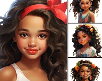 Cute Little Latina Girls Illustration V.1, 4 PNG Bundle, Colorful, Magic ClipArt, Commercial Use Kids Printable Tshirt Digital Design Crafts