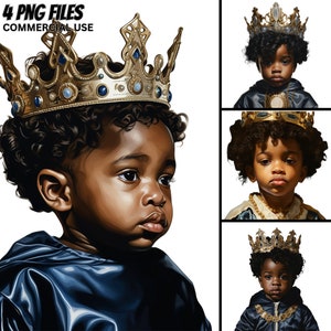 May include: A digital painting of a young Black boy wearing a gold crown and a blue robe. The boy has curly hair and is looking to the side. The background is white.