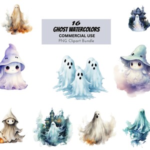 May include: A set of 16 watercolour ghost clipart images. The ghosts are depicted in diverse styles, from cute cartoon characters to classic spectral figures. The image text reads "16 Ghost Watercolors Commercial Use PNG Clipart Bundle."
