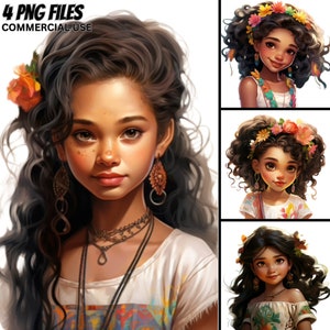 Niedliche kleine Latina Mädchen Illustration V.2, 4 PNG Bundle, Zöpfe, Magie ClipArt, kommerzielle Nutzung Kinder druckbare Tshirt digitales Design Handwerk