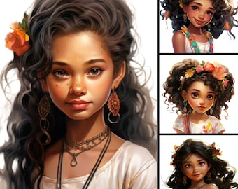 Latina Girls Illustration, Pigtails Clipart, Kids T-shirt Design (PNG Bundle)