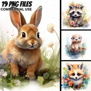 Lindo bosque animales acuarela clipart paquete imprimible arte PNG uso comercial descargar ilustración gráfica vivero zorro querido conejito conejo