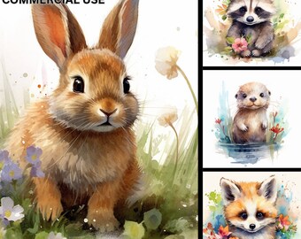 Watercolor Woodland Animals Clipart Bundle, Nursery Art (PNG, Commercial Use)