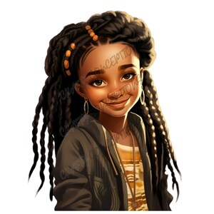 May include: A digital illustration of a young Black girl with long braided hair. She is wearing a green jacket, a striped shirt, and a gold necklace. She is smiling and looking to the side.