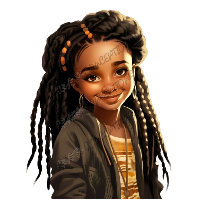May include: A digital illustration of a young Black girl with long braided hair. She is wearing a green jacket, a striped shirt, and a gold necklace. She is smiling and looking to the side.