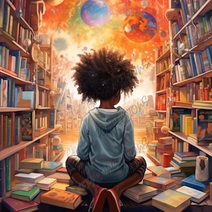 Bookworm V5 - Magical Library 2, Black Boy Clipart JPEG Bundle, Student