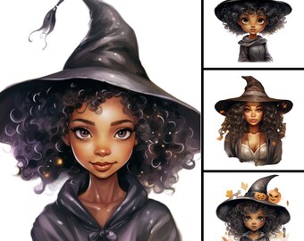 Halloween-häxflicka PNG-paket, akvarell clipart (kommersiellt bruk)