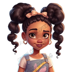 May include: A young girl with brown skin and dark brown curly hair in two pigtails with a light brown bow. She is wearing a light blue overall dress with a yellow and white striped strap and a pink bird graphic.