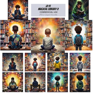 Bücherwurm V5 - Magische Bibliothek 2, Black Boy Clipart JPEG Bundle, Student Book Lover, Zöpfe, Twists, Reading Kid kommerzielle Nutzung Drucke Tshirt