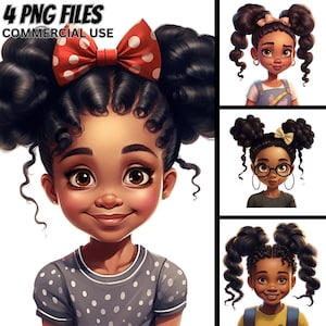 May include: A digital illustration of a young girl with curly black hair, wearing a red and white polka dot bow, a grey and white polka dot shirt, and a big smile.