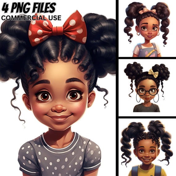 Black Girl PNG Clipart Bundle, Curly Hair, Afro Kids Illustration (Commercial Use)