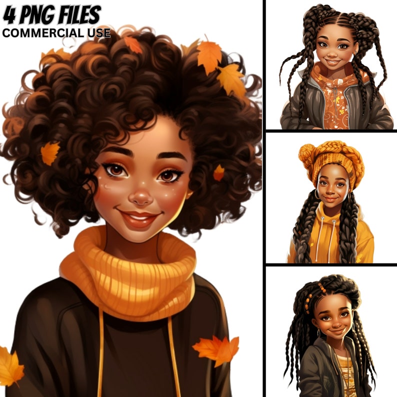 Fall Fashion Black Girls Clipart, Afro PNG Bundle (Commercial Use) image 1