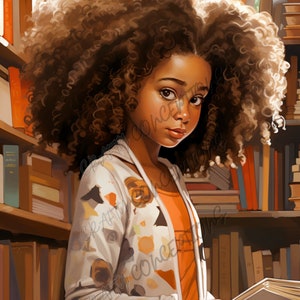 Puede incluir: Una joven con el pelo largo y rizado casta&ntilde;o est&aacute; de pie en una biblioteca, sosteniendo un libro. Lleva un su&eacute;ter estampado blanco y naranja y una camisa naranja brillante. Las estanter&iacute;as detr&aacute;s de ella est&aacute;n llenas de libros.