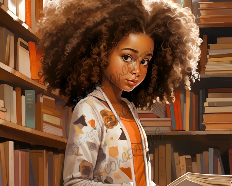 Puede incluir: Una joven con el pelo largo y rizado casta&ntilde;o est&aacute; de pie en una biblioteca, sosteniendo un libro. Lleva un su&eacute;ter estampado blanco y naranja y una camisa naranja brillante. Las estanter&iacute;as detr&aacute;s de ella est&aacute;n llenas de libros.