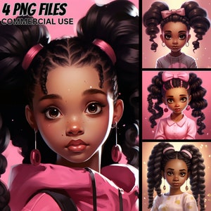 Klein zwart meisje in roze, 4 PNG-bundel, krullend haar magische clipart, prinses commercieel gebruik Afro Afro-Amerikaanse, planner tshirt sublimatie