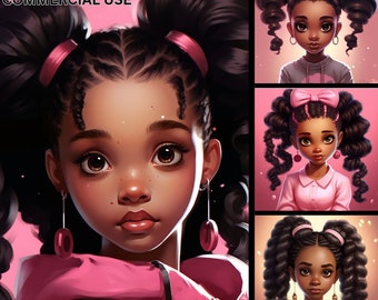 Little Black Girl in Pink, 4 PNG Bundle, Curly Hair Magic ClipArt, Princess Commercial Use Afro African American, Planner Tshirt Sublimation