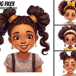Cute Little Black Girls Illustration V.8, 4 PNG Bundle, Capelli ricci, Trecce, Magic ClipArt Princess, Uso commerciale Afro Kids Stampe Tshirt