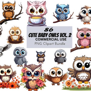 Lindos búhos bebé Vol.2, paquete de diseño digital imprimible Clip Art impresiones uso comercial Descargar ilustración PNG gráficos vivero, fabricación de tarjetas