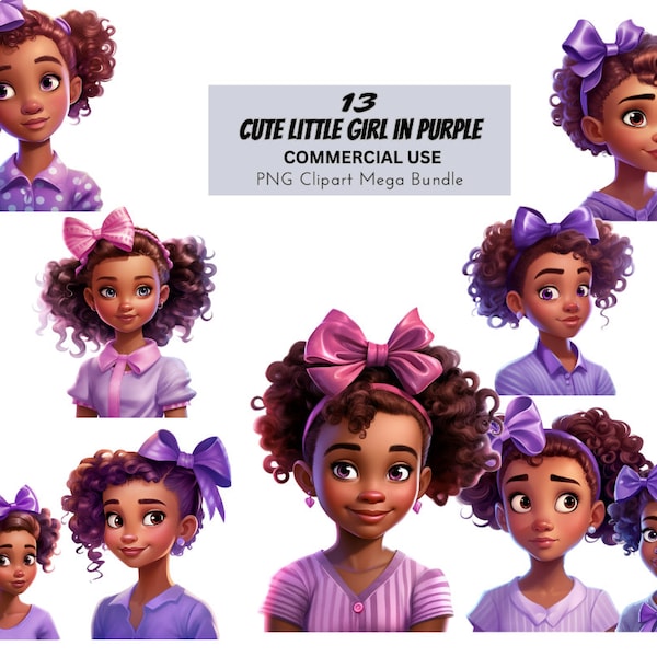 Cute Little Black Girls Illustration Mega Bundle Vol2, 13 PNG Pigtails, Curls Magic Purple ClipArt Commercial Use Afro Kids Tshirt Digital