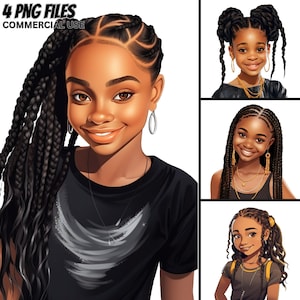 May include: Four digital illustrations of young girls with different hairstyles. The first girl has long black braids with a design braided into her hair. She is wearing a black t-shirt with a white design. The second girl has her hair in two buns with long braids hanging down her back. She is wearing a black shirt with a gold necklace. The third girl has her hair in braids with gold beads. She is wearing a black tank top with a gold necklace. The fourth girl has long brown hair with a braid on one side. She is wearing a black and white striped shirt with a gold necklace.