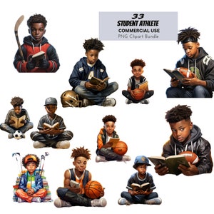 Bookworm Black Boy Clipart PNG Bundle Vol.6, Student Athlete Book Lover, Football, Basketball, Soccer Magic Studying, Reading, Prints Tshirt