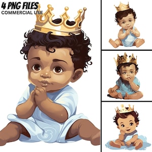 Schattige kleine zwarte jongen illustratie V.31, 4 PNG-bundel, Prins Baby Shower Clip Art Afro Kids Prints King Gender Reveal Blue Peuter Verjaardag
