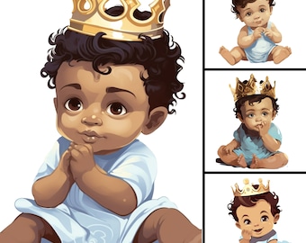 Cute Little Black Boy Illustration V.31, 4 PNG Bundle, Prince Baby Shower Clip Art Afro Kids Prints King Gender Reveal Blue Toddler Birthday