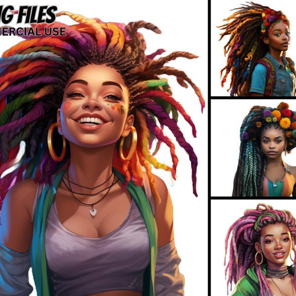 Little Rainbow Hair Black Teen Girl Clipart PNG Bundle, Colorful Braids, Dreadlocks, Dread loc, Magic Beautiful Woman Commercial Use T-shirt