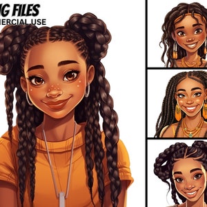 Black Girls Illustration PNG Bundle, Braids, Afro Kids Prints (Commercial Use)
