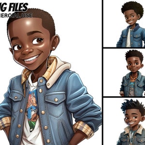 Niedlicher kleiner schwarzer Junge Illustration V.2, 4 PNG Bundle, Kapuzenpulli, Hut Dreadlocks, cooler Prinz Magie ClipArt stört Afro Kinder Urban Prints Tshirt