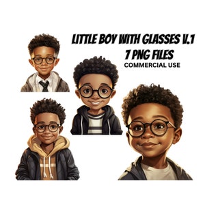 Niedliche kleine schwarze Jungen mit Brille V1, 4 PNG Bundle, lockiges Haar, magische ClipArt, kommerzielle Nutzung Afro Kids, Geschichte, Tshirt Sticker Planner