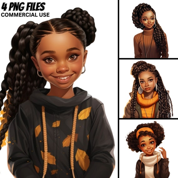 Fall Fashion Girls Clipart, Afro American Illustration PNG Bundle (Commercial Use)