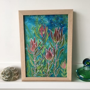 Pintura de flores de leucadendro, técnica mixta